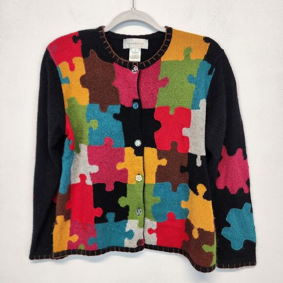 Vintage Susan Bristol Puzzle Knit Cardigan Size M Embroidery Silk Angora Autism - Picture 1 of 15